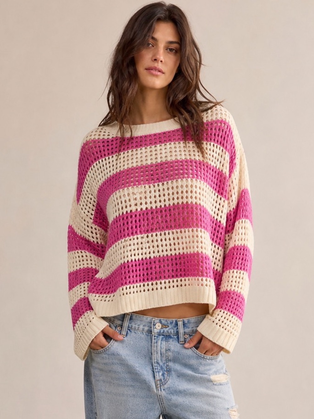 RD Style Anthropologie Open Crochet Knit in Pink & Cream - Like New